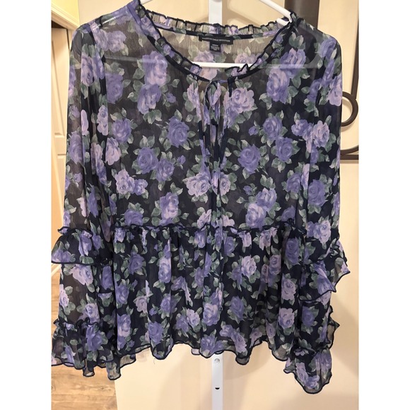 American Eagle Outfitters Tops - American Eagle Floral Sheer Ruffle Blouse Purple Navy Tie Front Top Medium